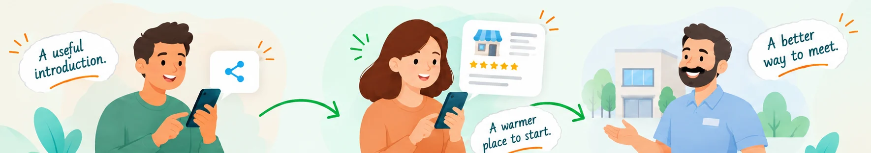 Illustration: someone shares a Vendor from their phone, you discover it on yours, and the Vendor welcomes a new customer