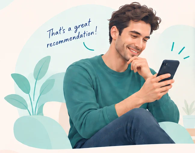 A smiling man reading a recommendation on his phone