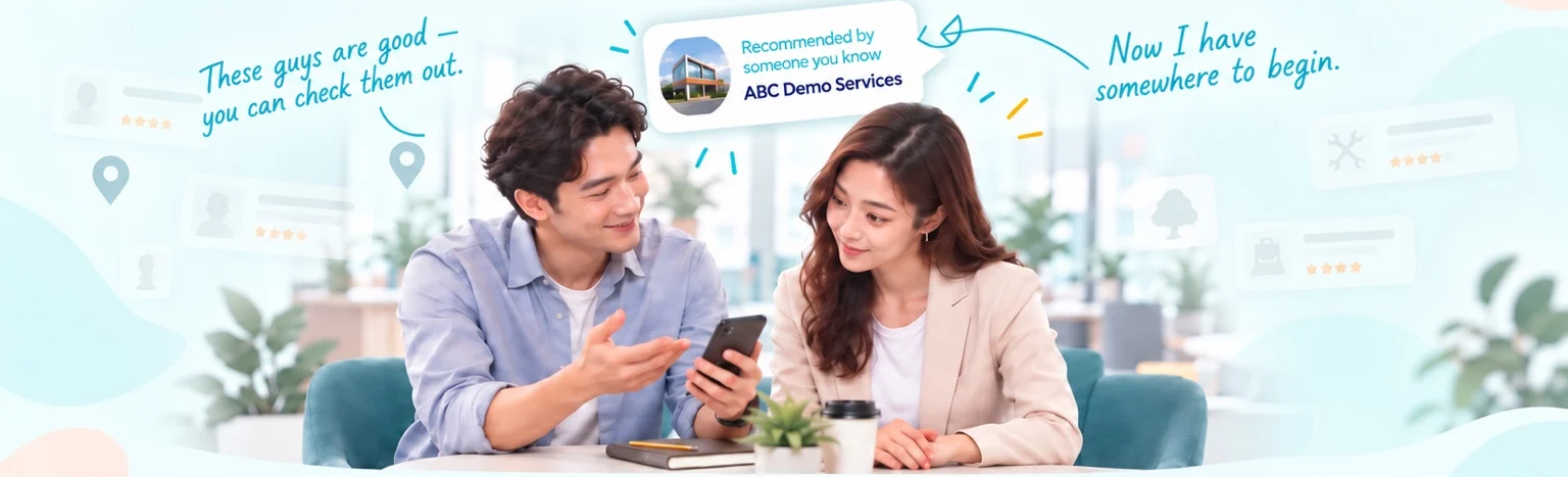 Two colleagues at a caf&eacute; table; he recommends ABC Demo Services on his phone and she now has somewhere to begin
