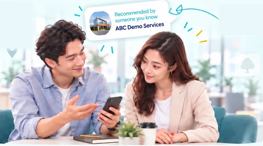 Two colleagues at a caf&eacute; table; he recommends ABC Demo Services on his phone