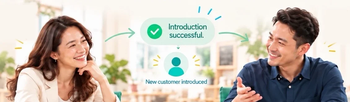 Two people smiling across a table after a successful introduction brings the Vendor a new customer