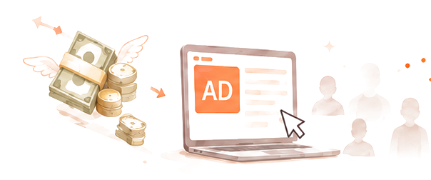 Winged money flying into an ad on a laptop with a crowd behind