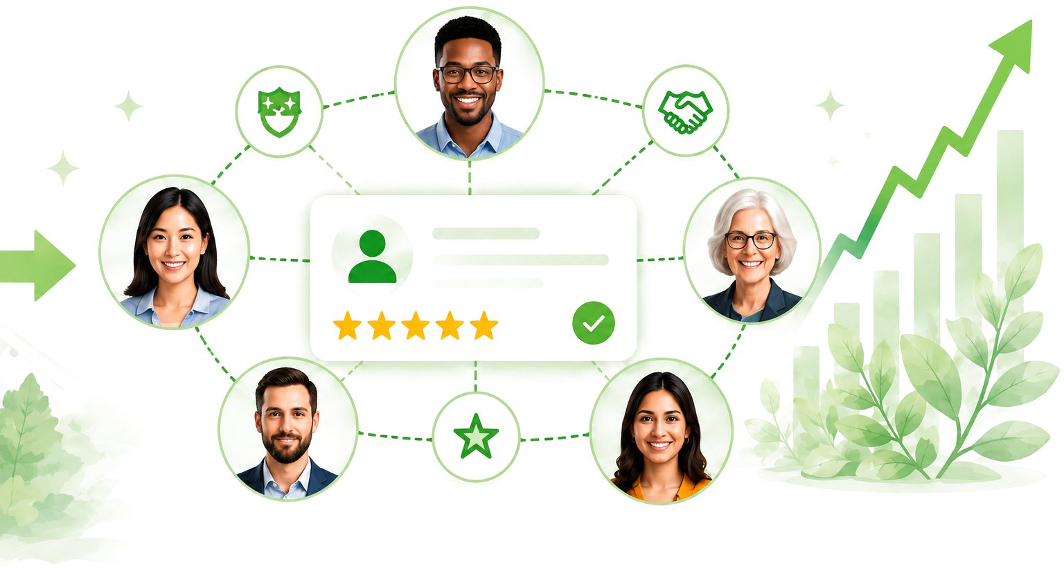 Network of trusted people around a five-star profile with steady growth